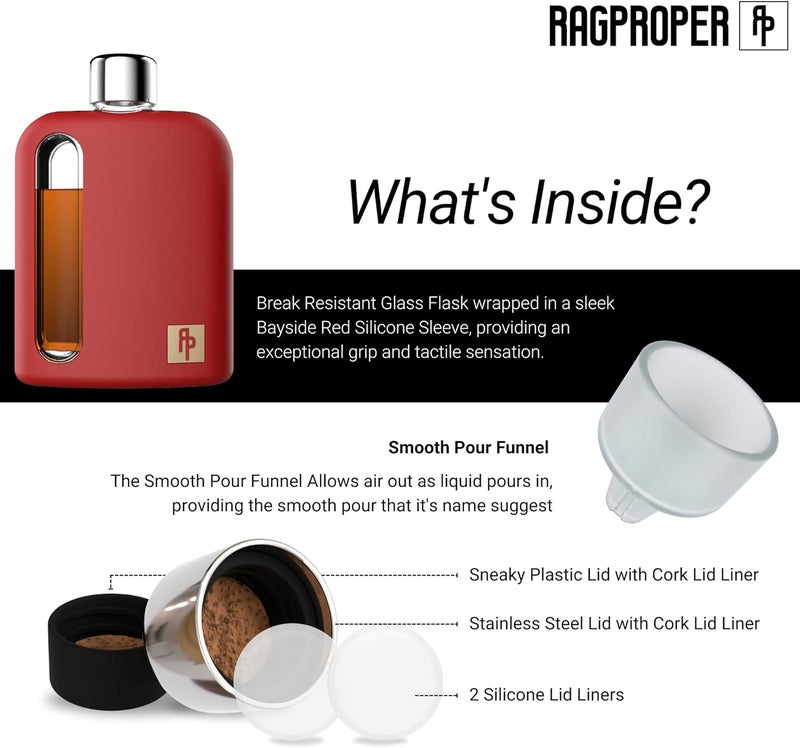 Ragproper Modern Glass Hip Flask for Men | Cork & Silicone Lid Liners | Firm Grip | Curved Edges | Durable Silicone Covered Flask for Whiskey | Liquor | Sprits | 100ml Single+ 240ml Double | Red - Image 4